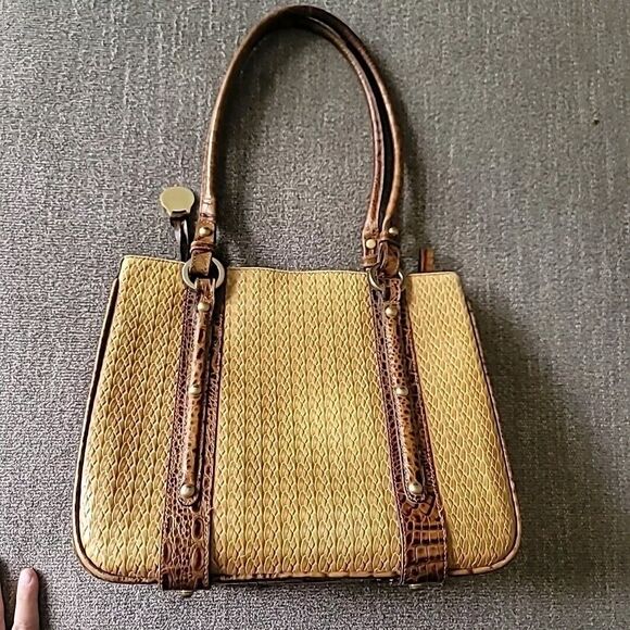 Brahmin Brown Tan Alligator Trim Double Handle Bucket Handbag Purse - Picture 12 of 16